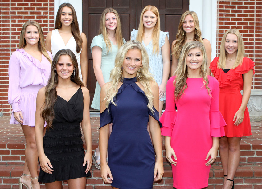 Senior maids and candidates for homecoming queen, on the front row from left to right, are: Alli Grace Perry of Philadelphia, Mabry Mayfield of Carthage and Morgan Evans of Carthage. On the back row, from left to right are junior maids Sydney Sisson and Meredith Adams, both of Philadelphia, freshman maids Olivia Rudolph of Carthage and Kaylee Blair of Philadelphia and sophomore maids Addy Lee Page and Anna Elise Breazeale both of Philadelphia.